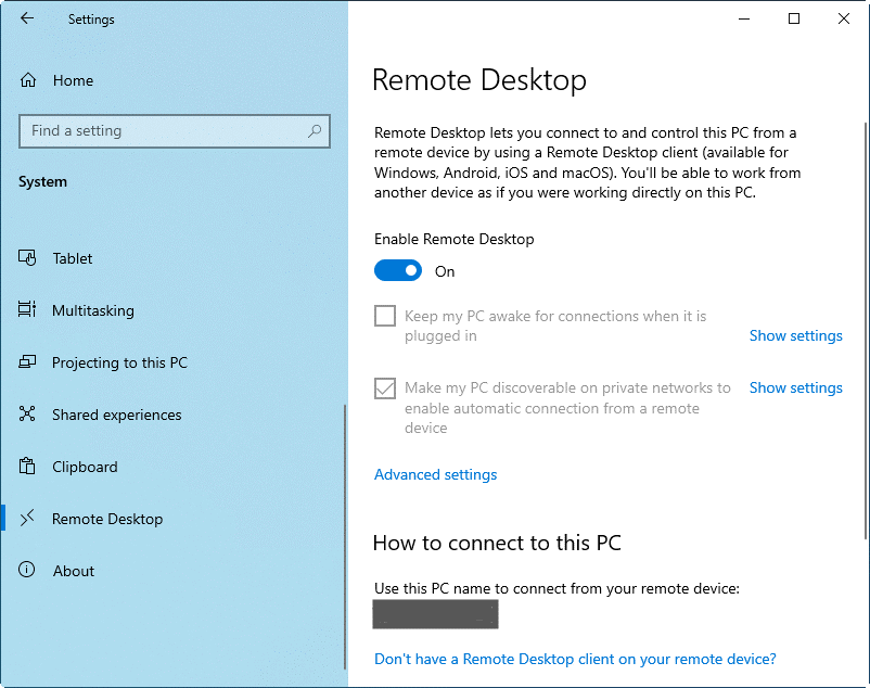 Enable Remote Desktop on host computer