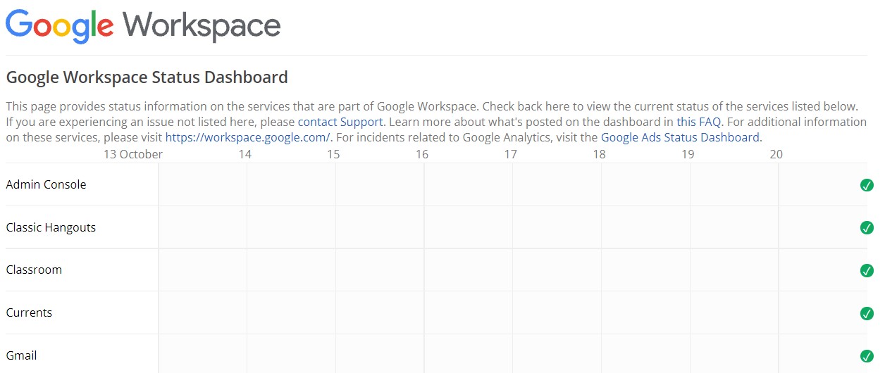 Check the Google status Dashboard