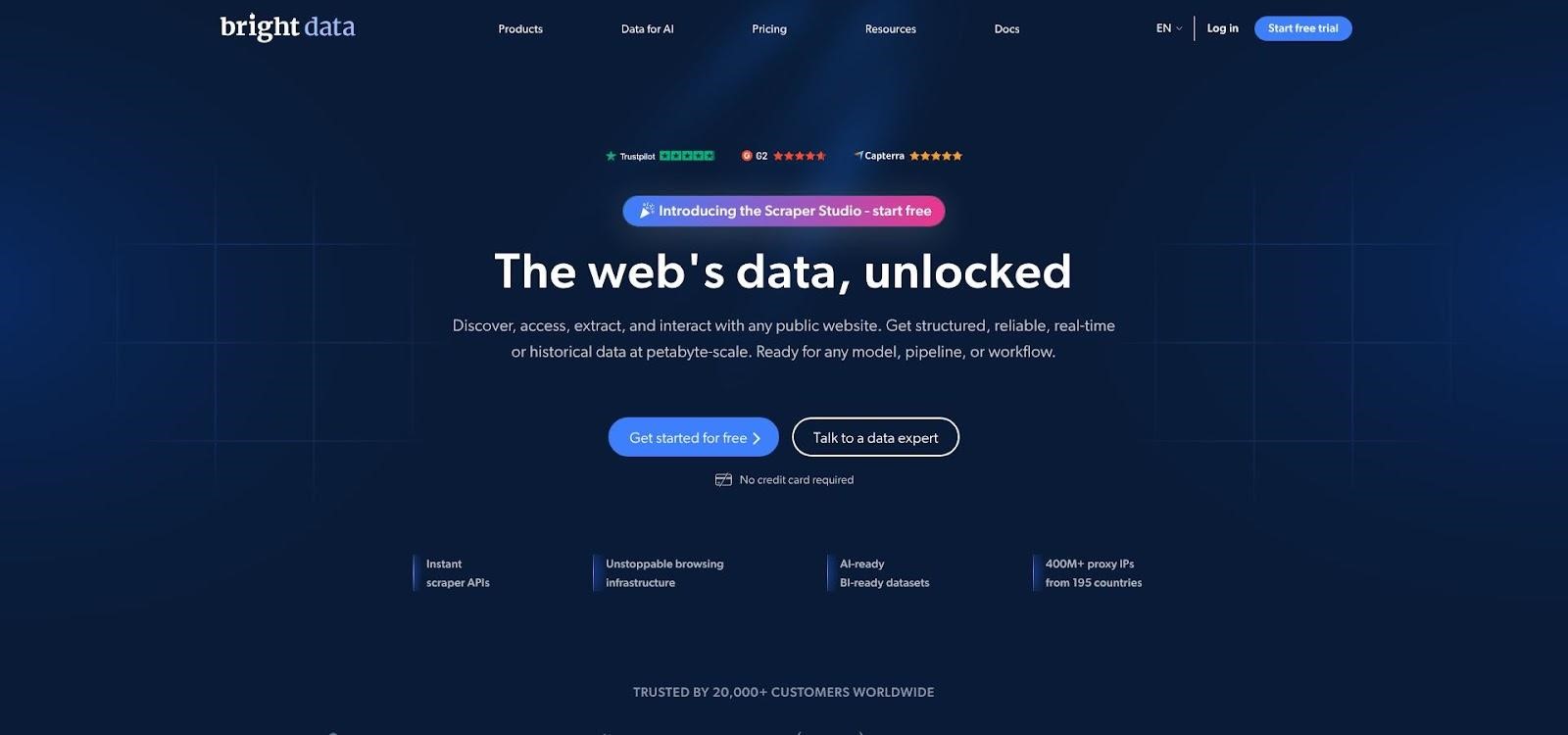 Bright Data proxy network and AI dashboard webpage screenshot